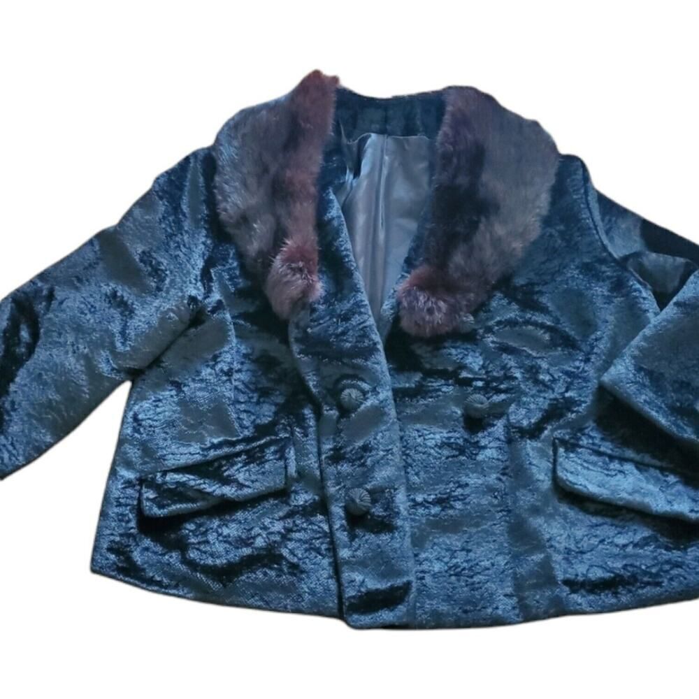 Vintage Black Fur Fancy Coat Women Sportown Velour Embossed Jacket SZ M Mob Wife